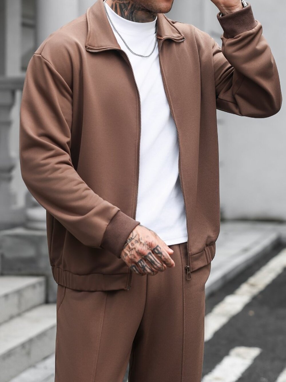 Brown Casual Men's Loose Pocket Zipper Long Sleeve Jacket & Pants Set - Picture 7 of 9